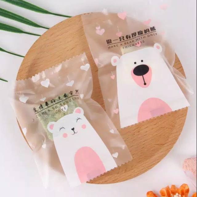 

(10pcs) kantong plastik naugat permen / cookies bag candy / souvenir tema bear couple