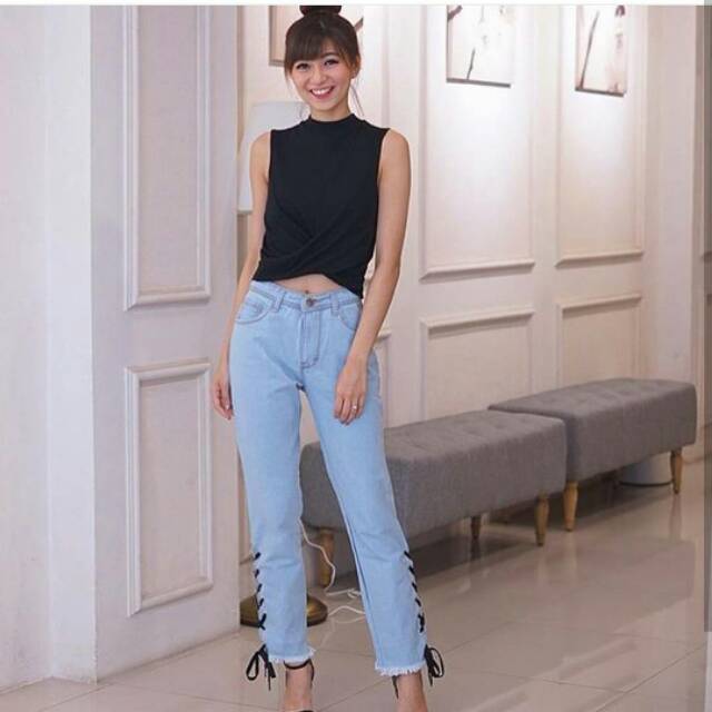 Celana Jeans Wanita Boyfriend BF Lace Up Tyed Tali Samping Celana Jeans Wanita Boyfriend BF Lace Up Tyed Tali Samping
