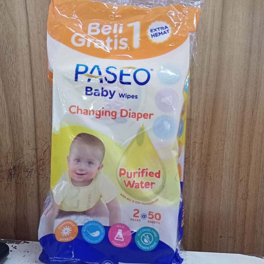 PASEO BABY WIPES CHAMOMILE EXTRACT 2 PACK @50 SHEET (kuning)