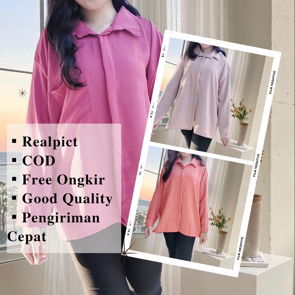 (COD) Kemeja Polos Wanita Lengan Panjang Oversize Cewek Crinkle Jumbo Casual Murah Terbaru Kekinian 