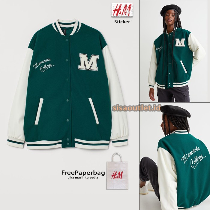 jaket wanita Jaket Baseball H&M Varsity jacket hnm Hijau Lengan Kulit Pria Wanita - Hijau, S kekinia