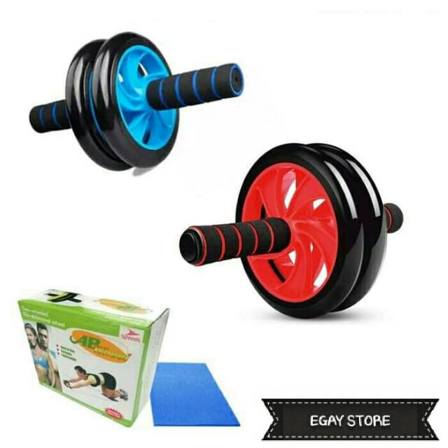 [ALAT FITNESS] Pengencang Otot Bahu Lengan Perut Roll Gym Double AB Wheel Roda Exerciser + Matras AB