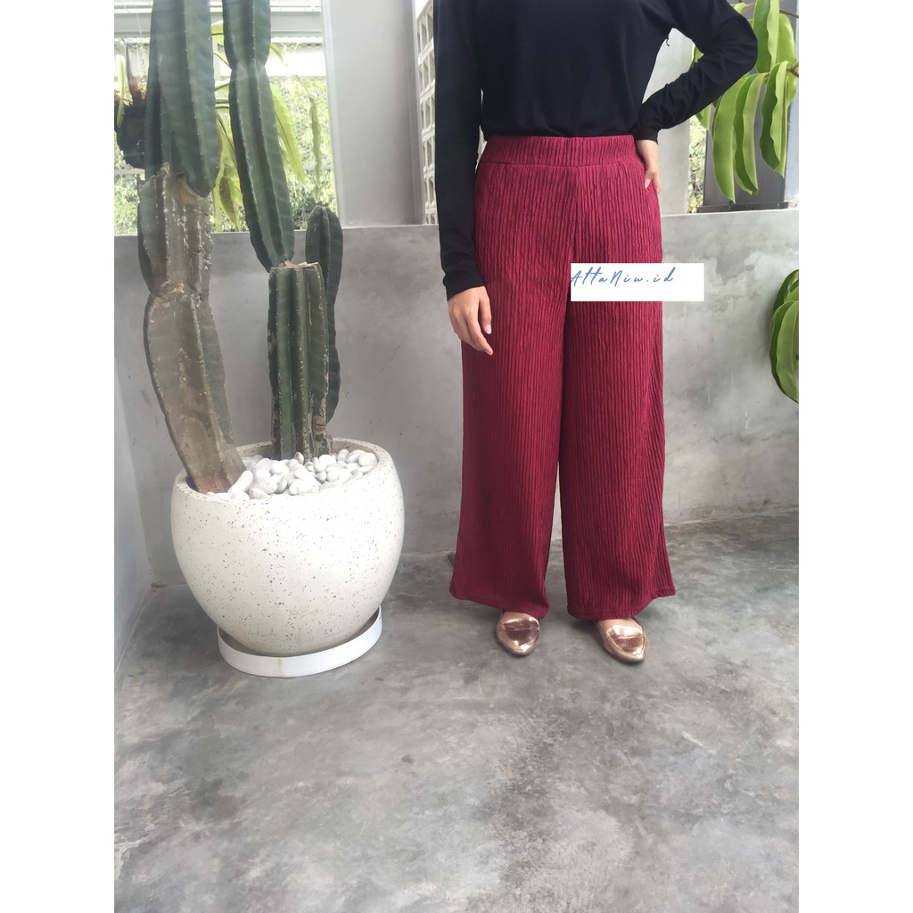 SALE MURAH DISKON CULLOTE RED MERAH MAROON KULOT PLISKET CREPE CRINKLE STRETCH CELANA WANITA BABAT