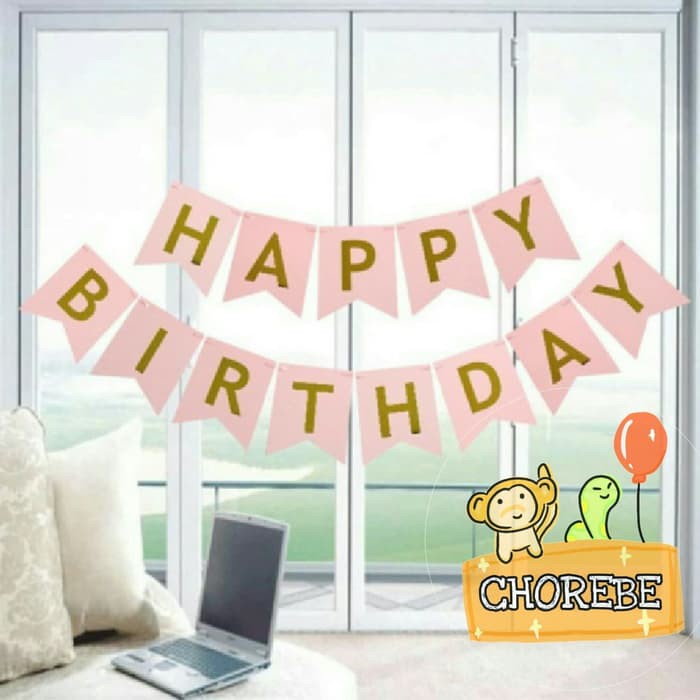 Jual Banner Happy Birthday / Banner Ulang Tahun Pink Tulisan Gold