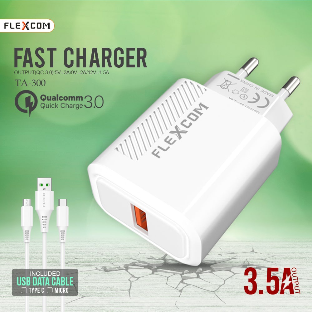 Charger FLECO TA-300 Colokan USB 1 Port Qualcomm QC3.0 Fast Charging Cas Kabel Micro Type c