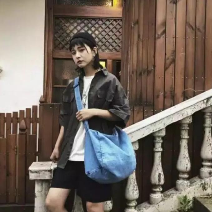 SBXLD XL Sling Bag Denim Jeans Tas Selempang wanita Besar Pria Tote GY