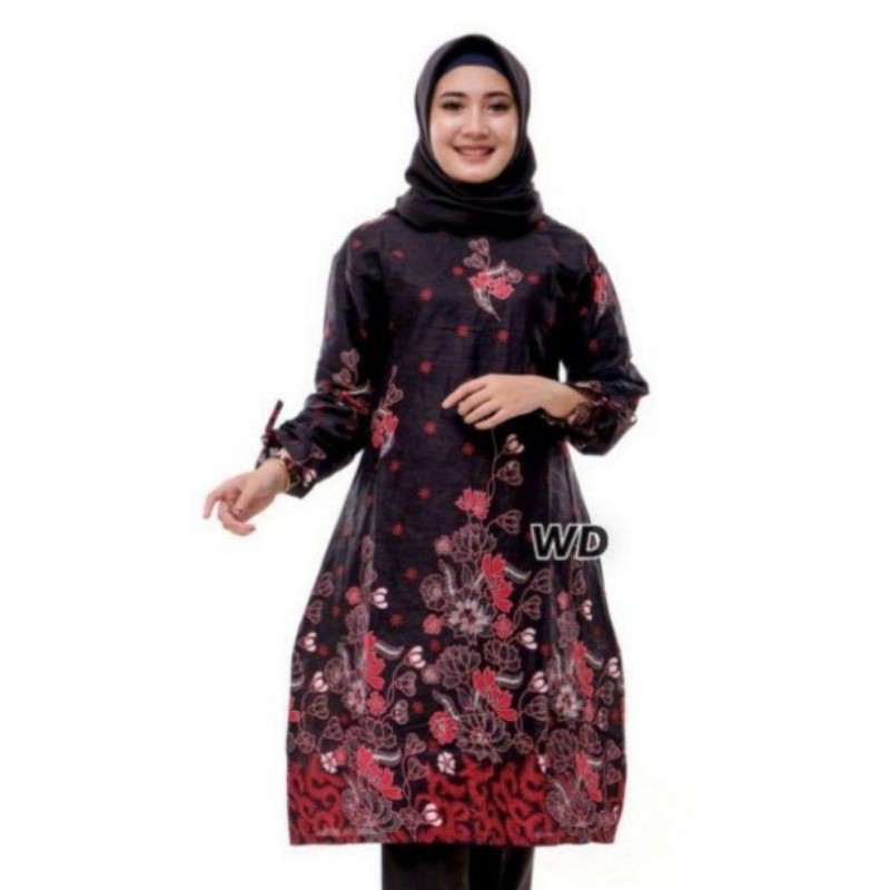 Batik couple keluarga Sania ruffle ORI ndoro jowi motif sakura merah-Tunik