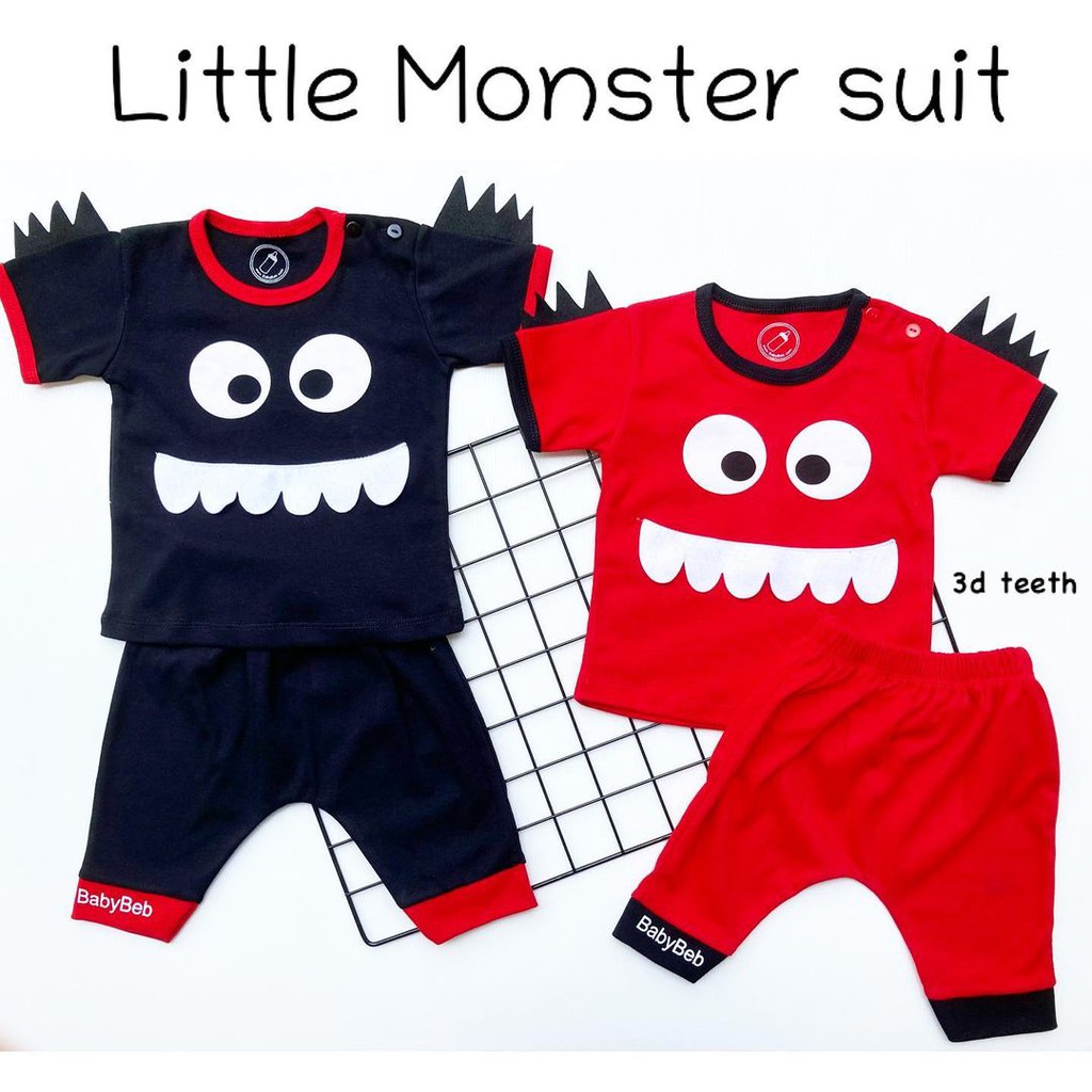 BERSERTIFIKASI SNI BABYBEB Little Monster BabyBeb Baju Setelan Kaos Celana Pergi Jalan Lucu Fashion Anak Bayi Cowok Laki Lucu