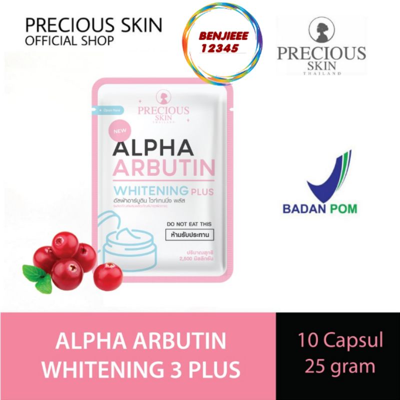 Alpha Arbutin Powder Capsule Whitening 3 Plus 3+ Precious White brightening powder pemutih AA alpha arbutin whitening3+ bpom original capsule bubuk kapsul 25gr 10 capsul 2500mg Precious skin