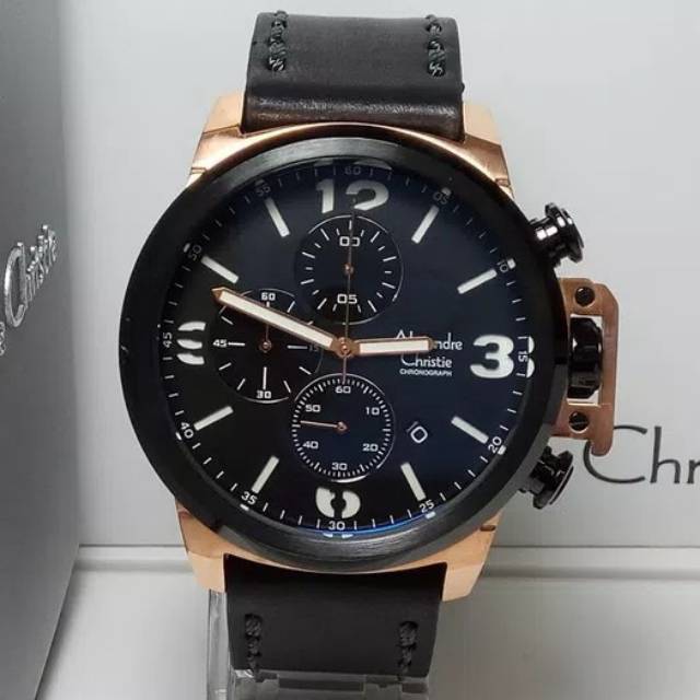 JAM TANGAN PRIA ALEXANDRE CHRISTIE AC 6280 CHRONOGRAPH BLACK ROSE GOLD LEATHER ORIGINAL