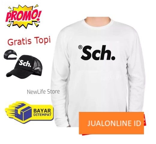 Beli Baju Gratis Topi - Kaos Distro Sch. Hitam  Premium Pria Wanita Lengan Panjang