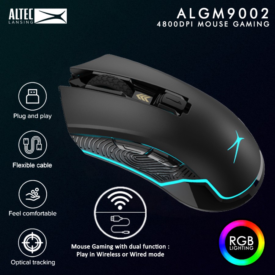 Mouse Gaming Altec Lansing ALGM9002 4800DPI Wireless/Wired Mouse RGB