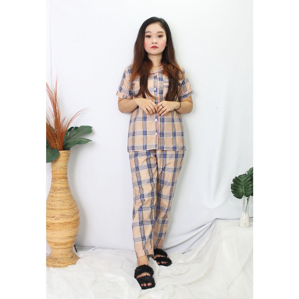 OKHISHOP - CP1 Piyama Pajamas CP Baju Tidur Piyama Wanita Dewasa Setelan CP Motif Trendy Karakter Kotak Guilen-CP BOB Cream