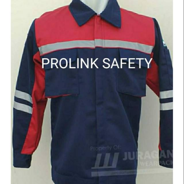 SERAGAM BAJU SAFETY RESLETING BIRU DONGKER KOMBINASI MERAH KAIN DRILL