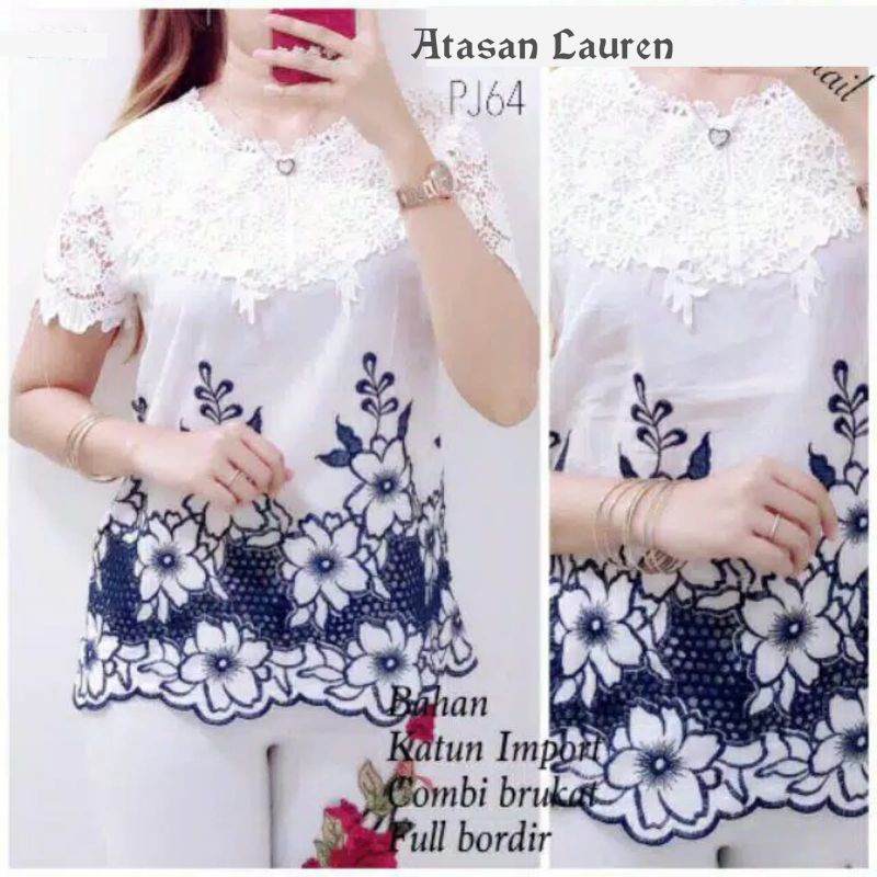 Atasan Blouse Bordir Katun Kombinasi Brokat Renda