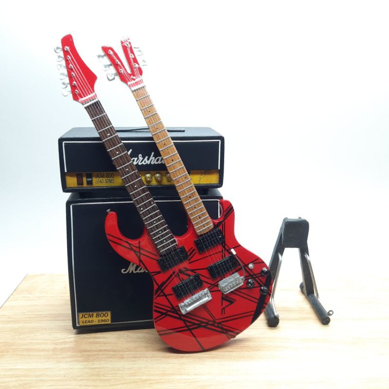 miniatur gitar DOUBLE NECK EVH LIMITED EDISI miniatur amplifier MARSHALL HEAD CABINET hiasan rak