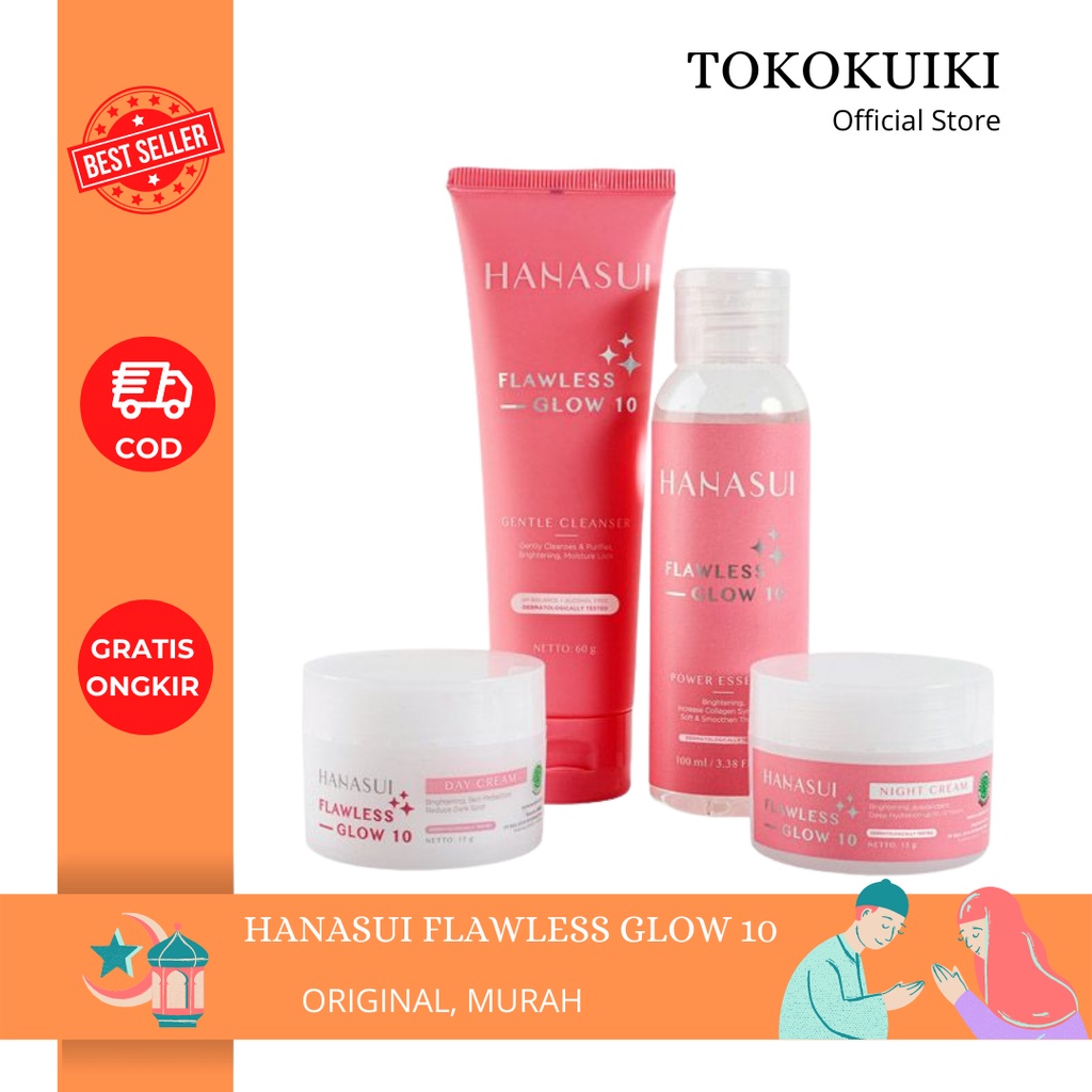 Skincare Paket Glowing Hanasui Flawless Glow / Ecer Cream siang malam toner sabun