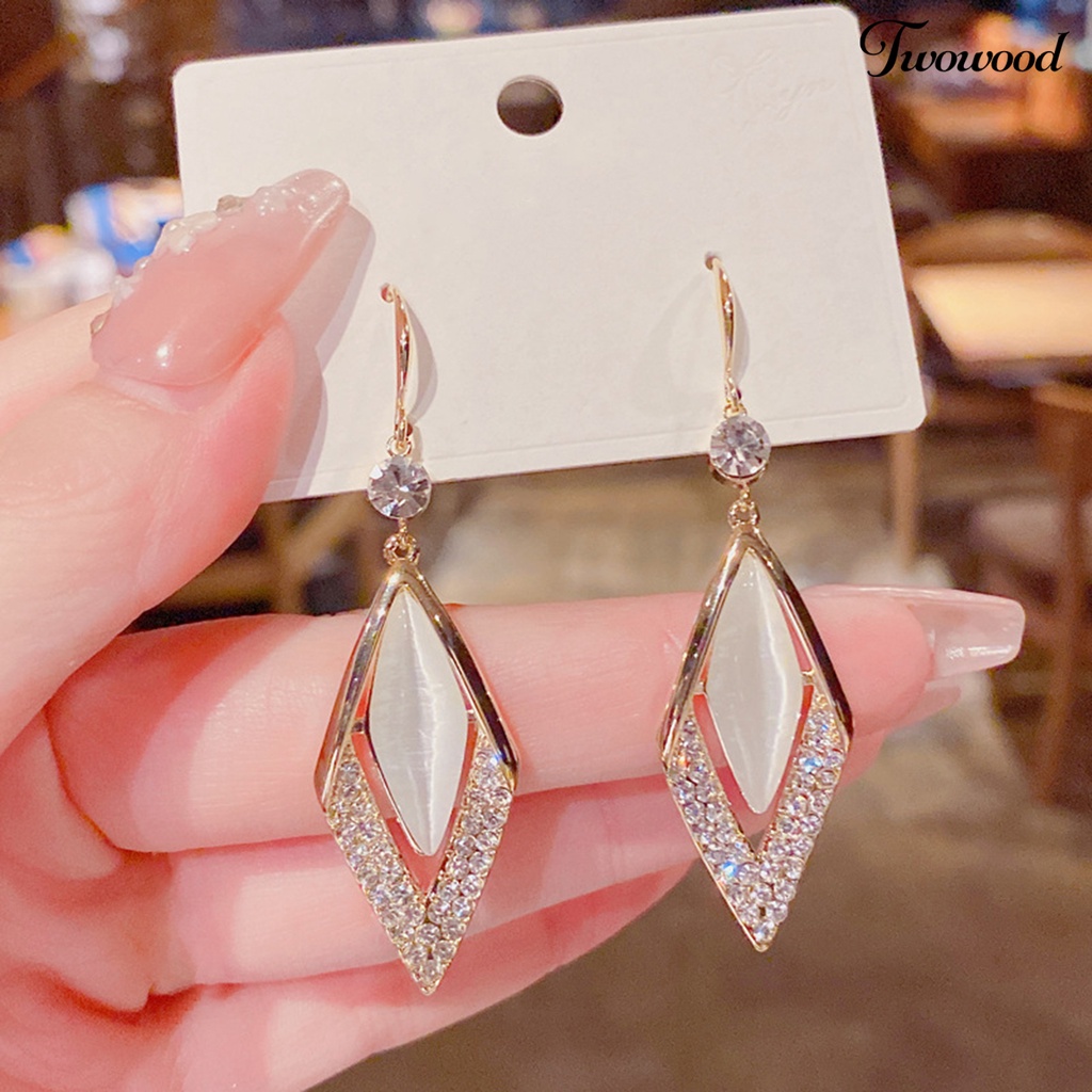 Twowood 1 Pair Rhinestone Shiny Drop Earrings Alloy Faux Opal Rhombus Pendant Hook Earrings Party Jewelry