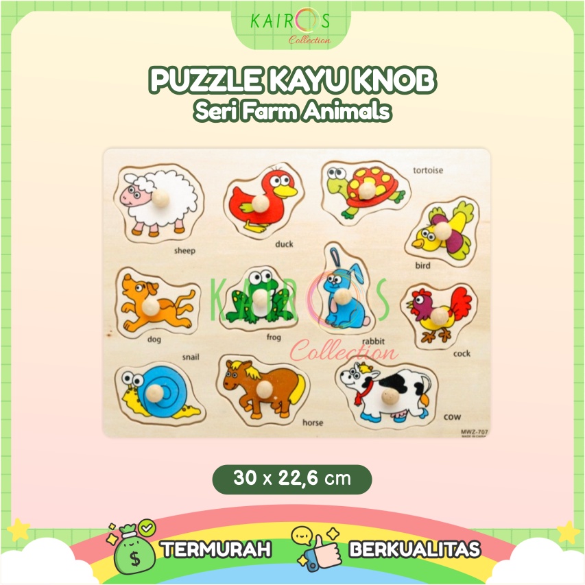 Puzzle Kayu Knob Farm Animal Puzzle Knop Kayu Anak