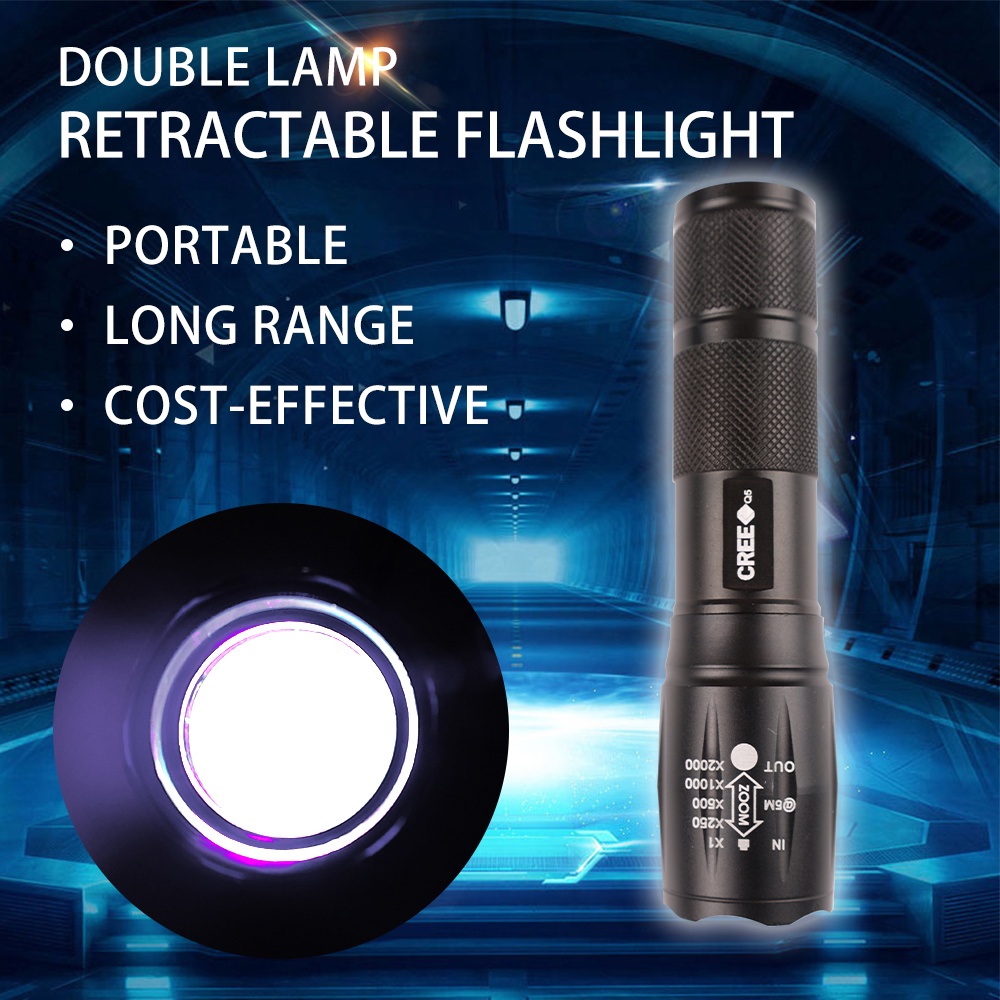 Ultraviolet White Lamp Double Lamp Retractable Zoom Flashlight UV Stain Detector Outdoor Hunting