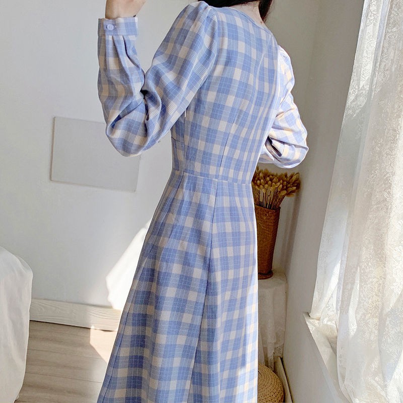 Gaun Muslim Lengan Panjang Temperamen Barat Prancis Rok A-line Kotak-kotak