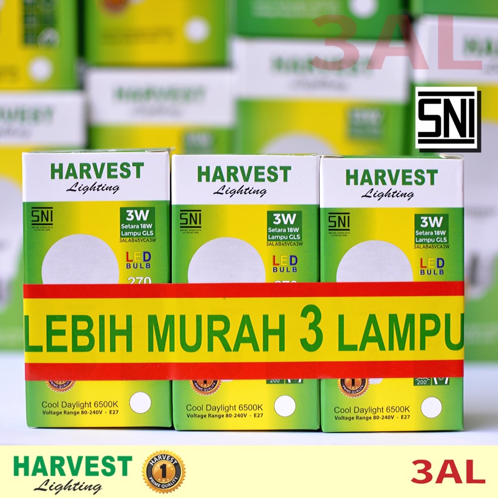 3W - Paket Isi 3 - HARVEST LIGHTING Lampu Bohlam LED A Bulb  3 Watt Lampu Hemat Energi Original Bersertifikasi SNI dan Bergaransi