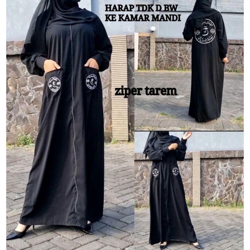 Abaya gamis Hitam bordir yaa tarim wa ahlaha ziper jetblack