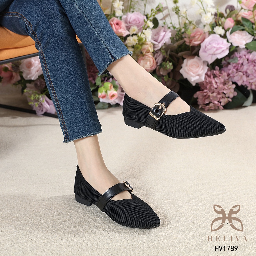 HELIVA VENUS Flat Shoes Sepatu Lancip Gesper Slip On Bahan Kanvas HV1789 Original Brand