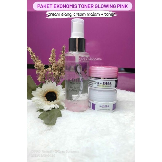 Paket ekonomis toner glowing pink, cream siang, cream malam /adha white series