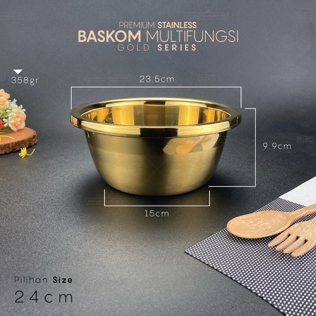 Baskom Wadah Stainless Gold 24cm tinggi tebal Warna Emas Multi Fungsi Tempat Sayur Daging Makanan