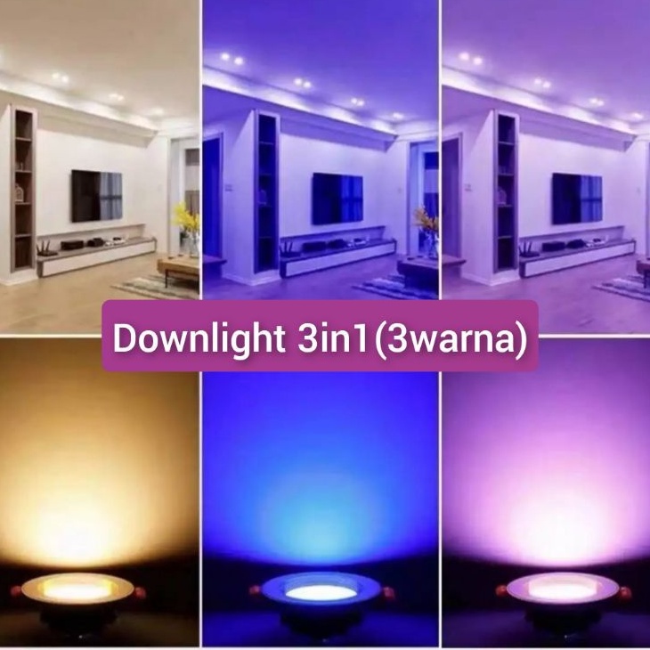 Lampu Downlight Plafon 6 Watt 3 Warna Sinar Kuning / Warm White Biru Ungu Pinggir List Bening-IBZ