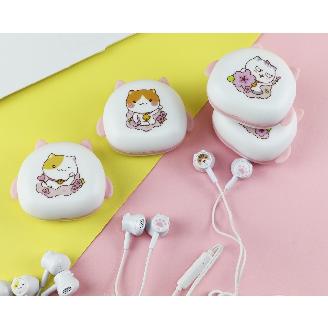 [KIKI-353] Set Headset Earphone SAKURA CAT / Wadah Earphone Kartun KUCING dengan Bunga SAKURA