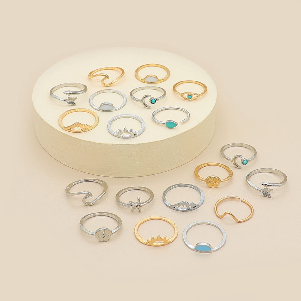 Hu Hu Hu Hu Hu Alat Bantu Pasang Kacamata♡ 19pcs / Set Cincin Model Terbuka Desain Ombak Hias Turquoise Gaya Boho / Etnik Untuk Wanita