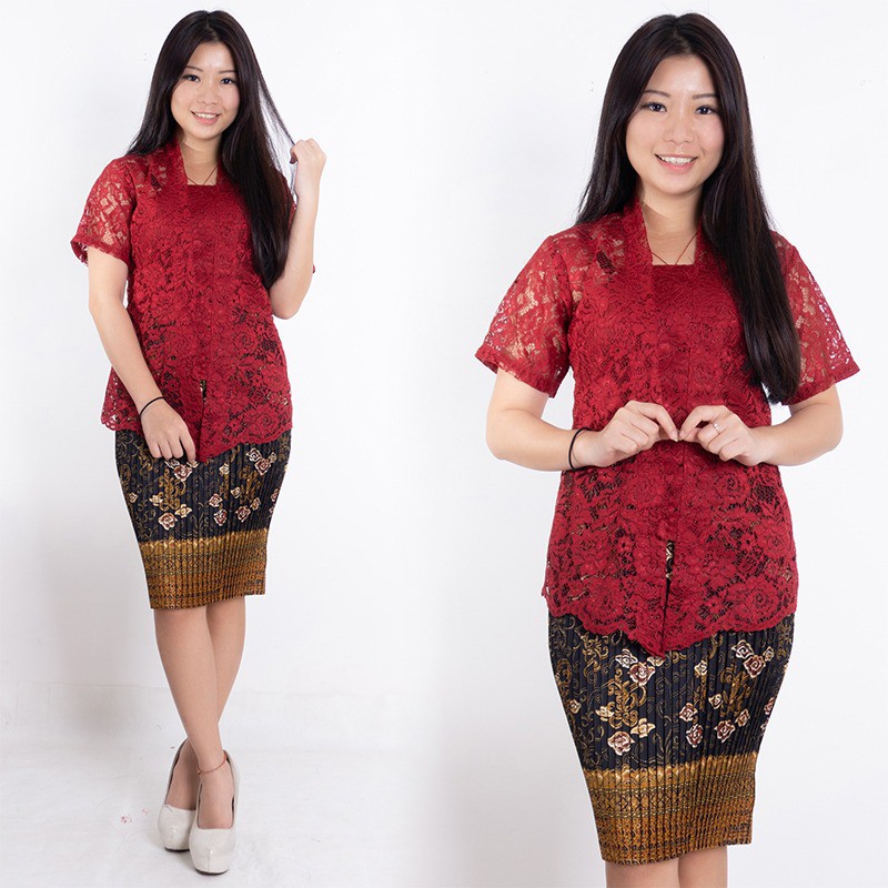 SB Collection Stelan Kebaya Silvi Blouse Brukat Dan Rok Plisket Midi Batik Wanita