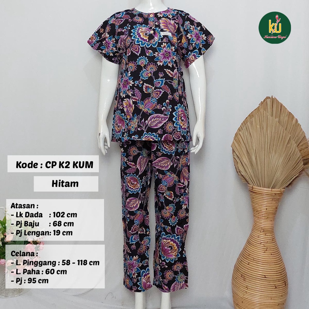 COD SETELAN BATIK KENCANA UNGU ASLI | Baju Santai Tidur Wanita Setelan Celana Panjang Piyama Motif-Hitam D