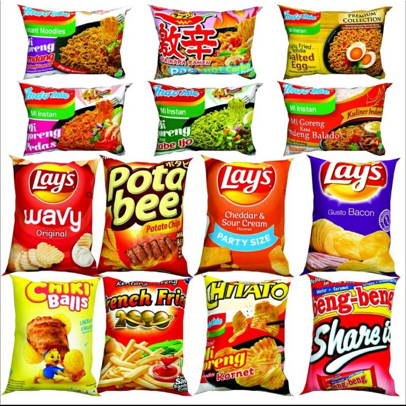 HIGH QUALITY. BANTAL SNACK MIX NEW ARRIVAL Bantal Persegi Motif Snack Bantal SNACK Custom snack maka