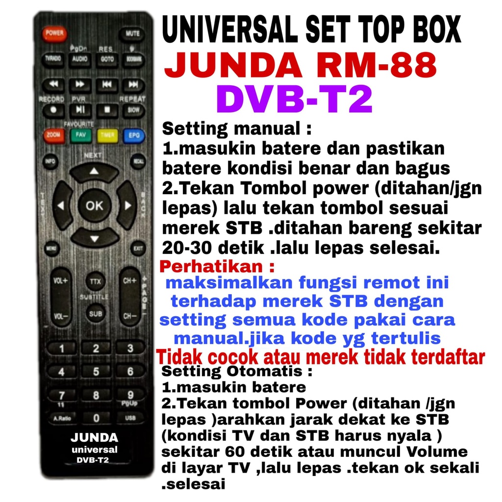 REMOTE MULTI UNIVERSAL SET TOP BOX STB DVB-T2 JUNDA RM-88 ORI JUNDA