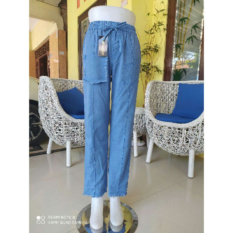 Jeans kulot wanita masa kini - all size - pinggang karet - tali depan - bahan  grey-Kantong rawis