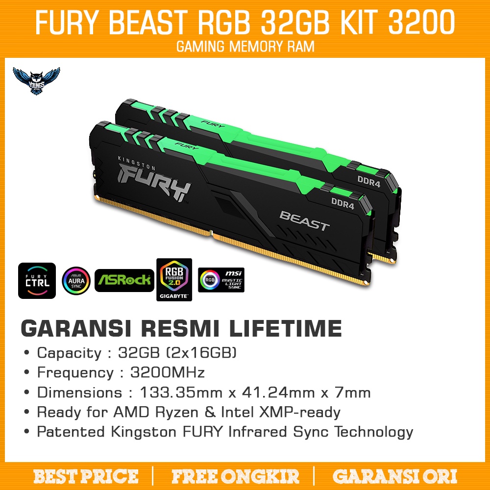 RAM Kingston Fury Beast RGB 32GB Kit 3200 (16GBx2) DDR4 Memory 3200MHz