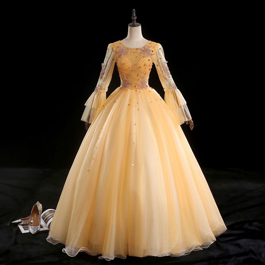 Gaun Pengantin 1912020 Kuning Emas Gold Lengan Panjang Wedding Dress Gown