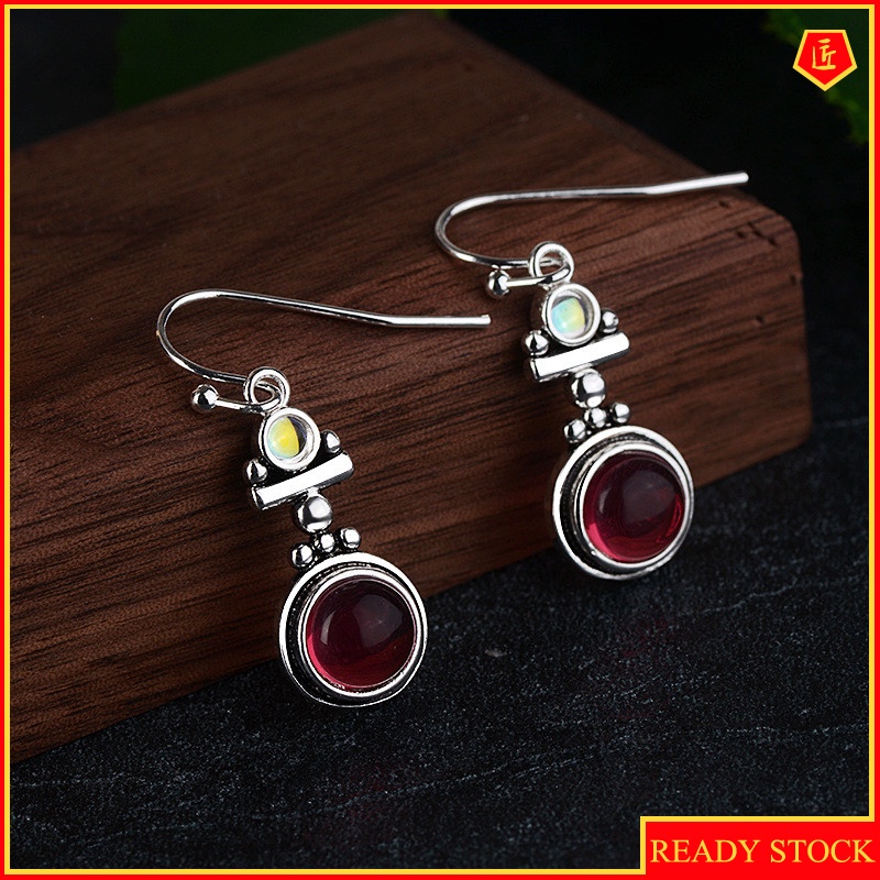 [Ready Stock]Retro Moonstone Red Agate Earrings Women's Fashion