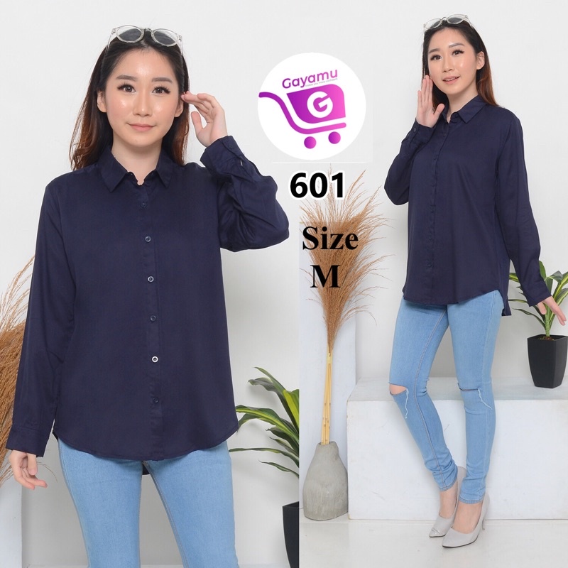 KEMEJA WANITA LENGAN PANJANG SIZE M&L (601)-Navy m