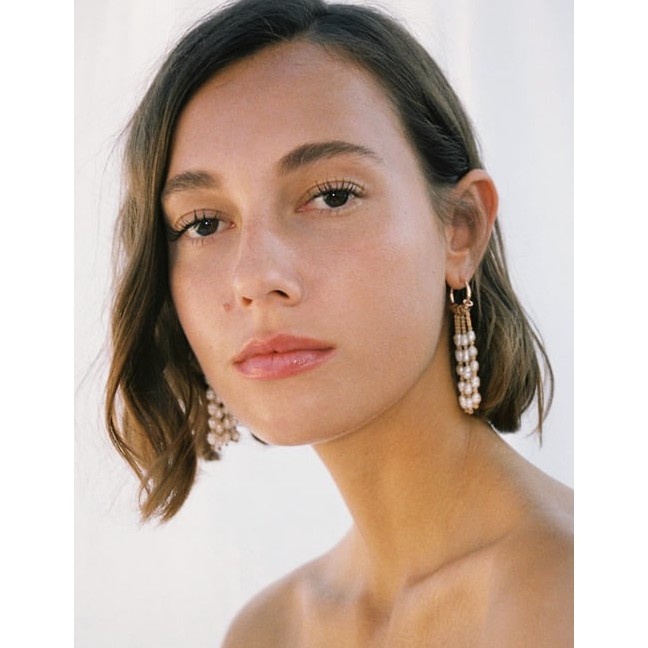 LRC Anting Tusuk Fashion Gold Alloy Pearl Tassel Earrings F72473