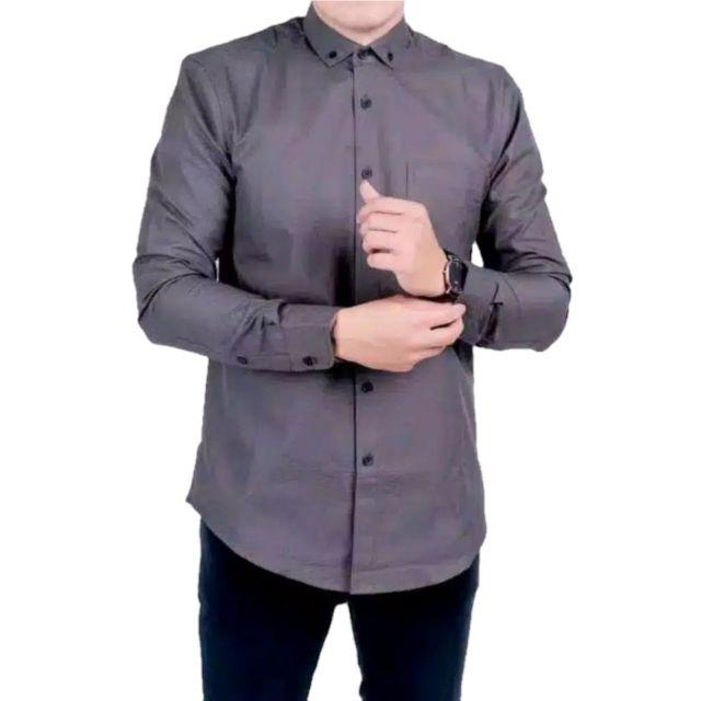 (BISA COD) Kemeja Polos Katun Kerja Kantor Formal Lengan Panjang Pria / kemejapria/kemejakerja-K.Dark Grey