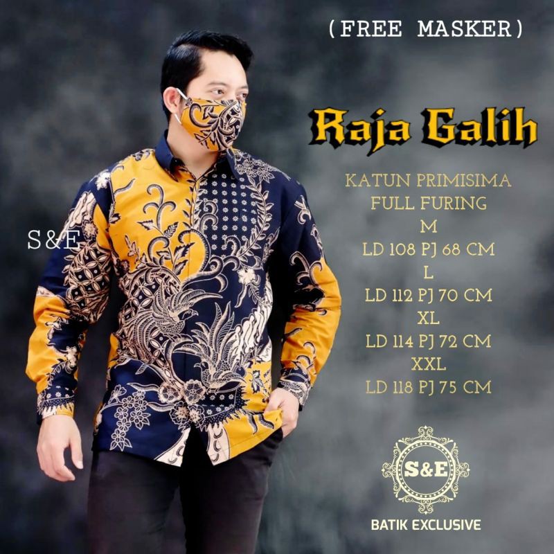 Kemeja Batik Exclusive Pria Batik Lengan Panjang Warna Kuning Batik Pria Free Masker RAJA GALIH