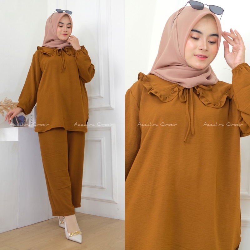 Azzahra Yuki Set Ld112 - SetCel Crinkle Jumbo Bigsize Oversize Kerah Pita tali One Set Setelan Wanita / 358-6889