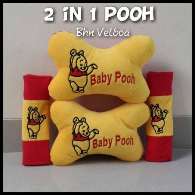 BANTAL LEHER KEPALA JOK MOBIL PLUS COVER BELT POOH MERAH KUNING 2 IN1 - BL186