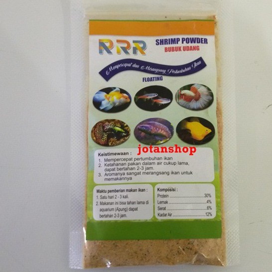 RRR SHRIMP POWDER bubuk udang halus pelet makanan pakan burayak ikan hias kecil cupang guppy