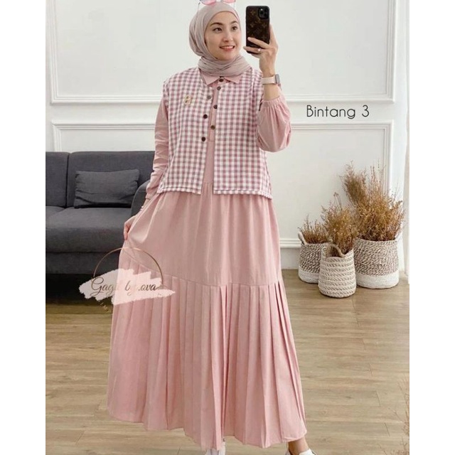KIRANIA MIDI DRESS SET ROMPI OUTER/BINTANG 3 MIDI DRESS KANCING DEPAN BUSUI FRIENDLY/FASHION WANITA MIDI DRESS PREMIUM/FAR MOSLEMSTORE
