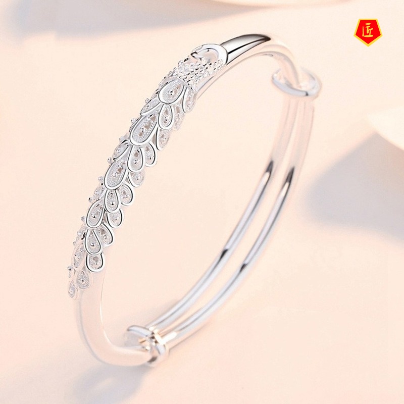 [Ready Stock]Retro Fashion 999 Silver Carved Peacock Bracelet